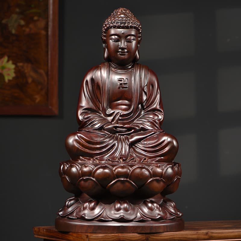 Junran Ebony Wood Carved Buddha Statue Ornament Solid Wood Sakyamuni Buddha Figure Three Jewels Buddha Medicine Buddha for Home Worship