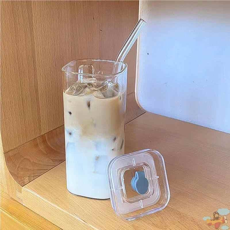 Korean Ins Style Square Borosilicate Glass Cup Heat-Resistant Milk Cup Iced American Coffee with Lid Breakfast Cup