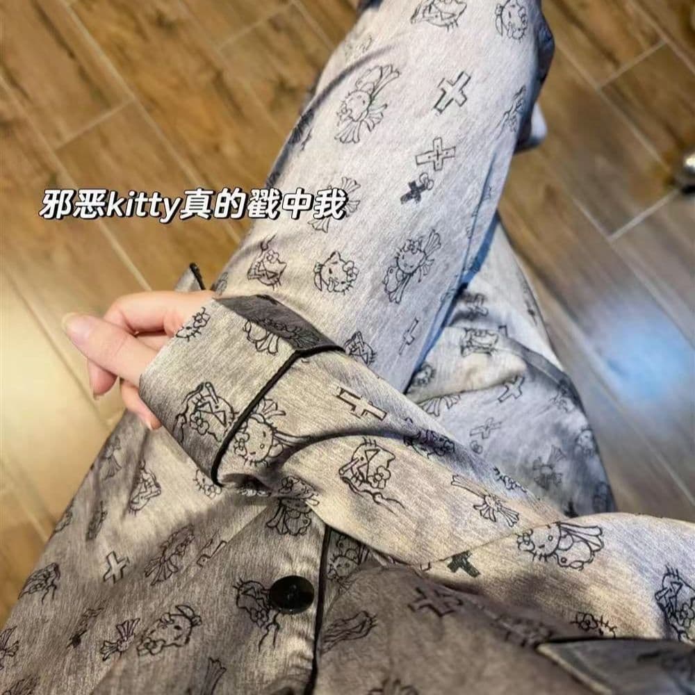 Women's Ice Silk Pajamas Kitty Cat Long Sleeve Women's Pajamas Light Luxury Wearable Homewear Hot Selling Factory Wholesale