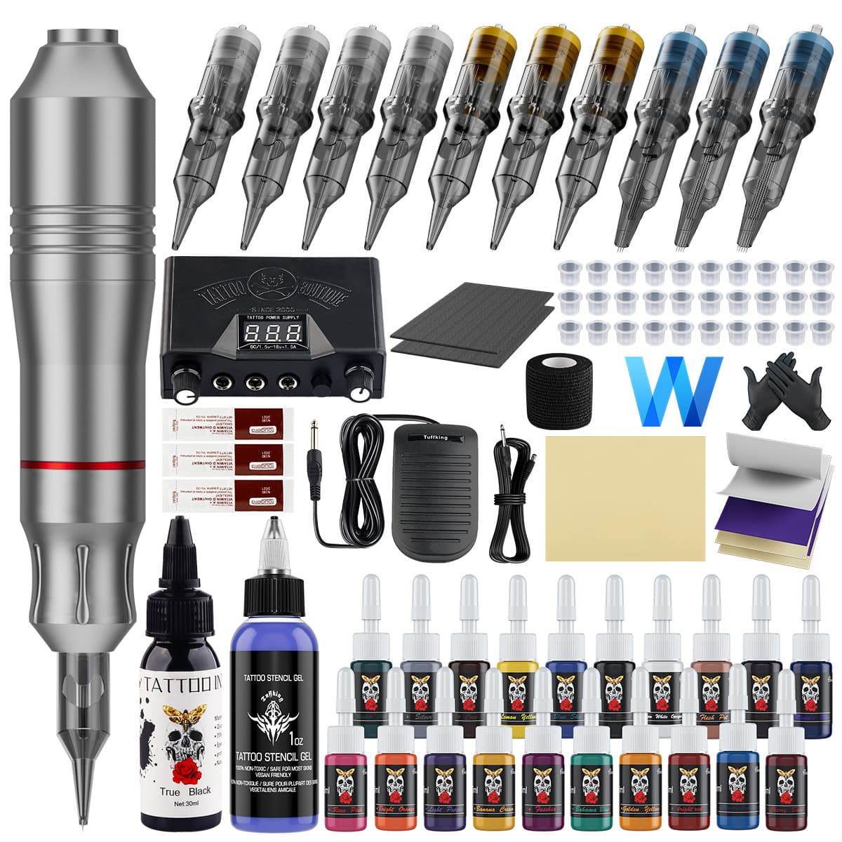Beginner Best-Selling Tattoo Kit Motor Tattoo Pen Full Set Tattoo Lining and Shading Equipment with 20 Colors of Ink