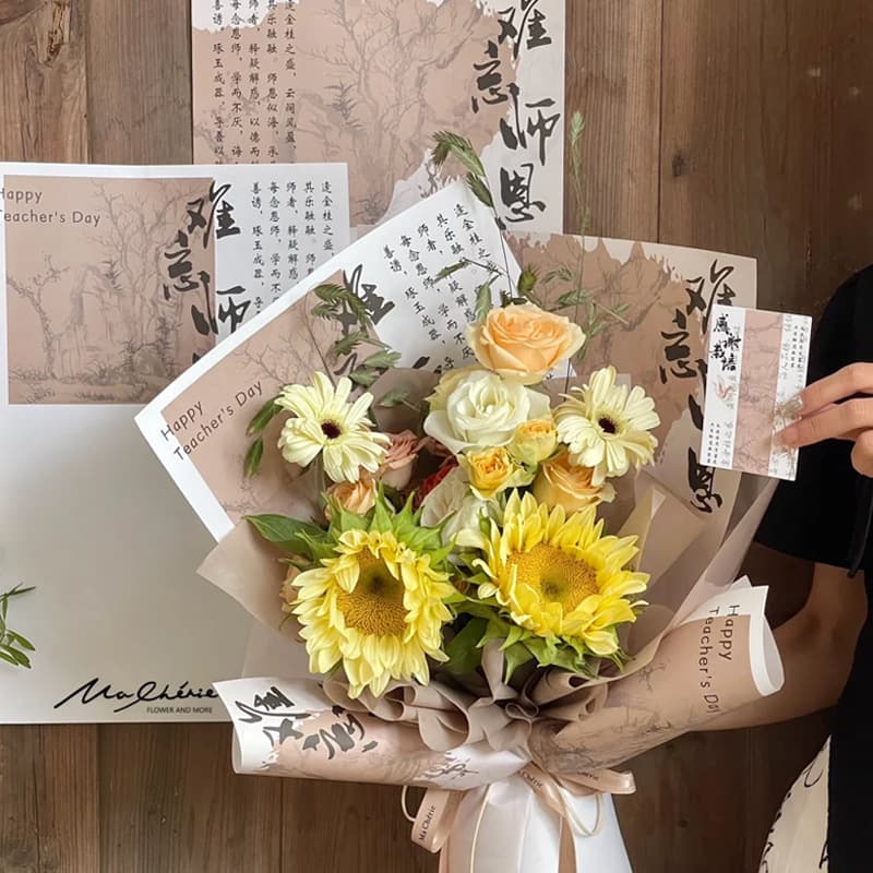 Teacher's Day flower wrapping paper, antique calligraphy, floral kraft paper, Chinese style paper, gift wrapping paper for flower shop, wholesale
