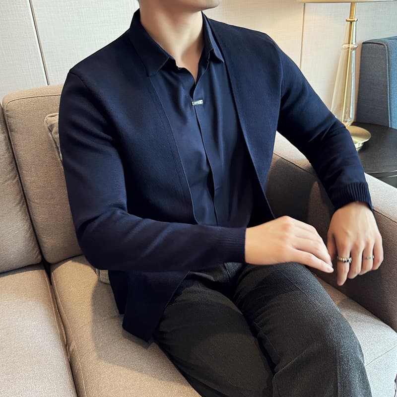Men's Two-Piece Shirt Knitwear Cardigan Personalized Fashion Seamless V-Neck Shirt Collar Sweater Coat Foreign Trade Wholesale