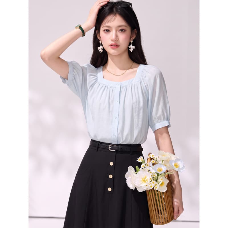 French square neck short-sleeved shirt for women summer new elegant puff sleeve top