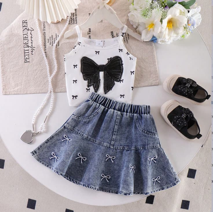 Young Girls Clothes 4-7Y Summer Printed Sleeveless Vest + Embroidered Denim Pleated Skirt