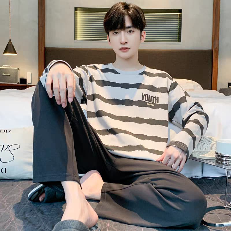 Ready-made pajamas for men in spring and autumn long-sleeved youth striped plus size student home wear casual autumn suit