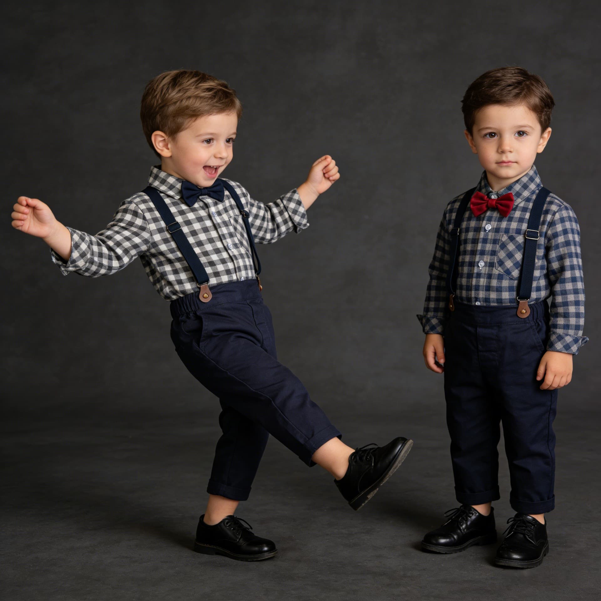 Korean Style Spring Kids Plaid Cotton Shirt Long Sleeve Lapel Bow Tie Cardigan Toddler Overalls 2-Piece Set