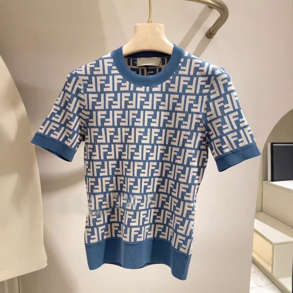 Nanyou Double F25 Full-Print Monogram Letter Round Neck Knit Short-Sleeve T-Shirt Women's Slimming Top Original Design
