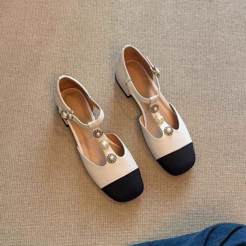 Chanel Style Open Toe Sandals for Women 2025 New Retro Color Block Mules French Pearl Flat Mary Jane Shoes