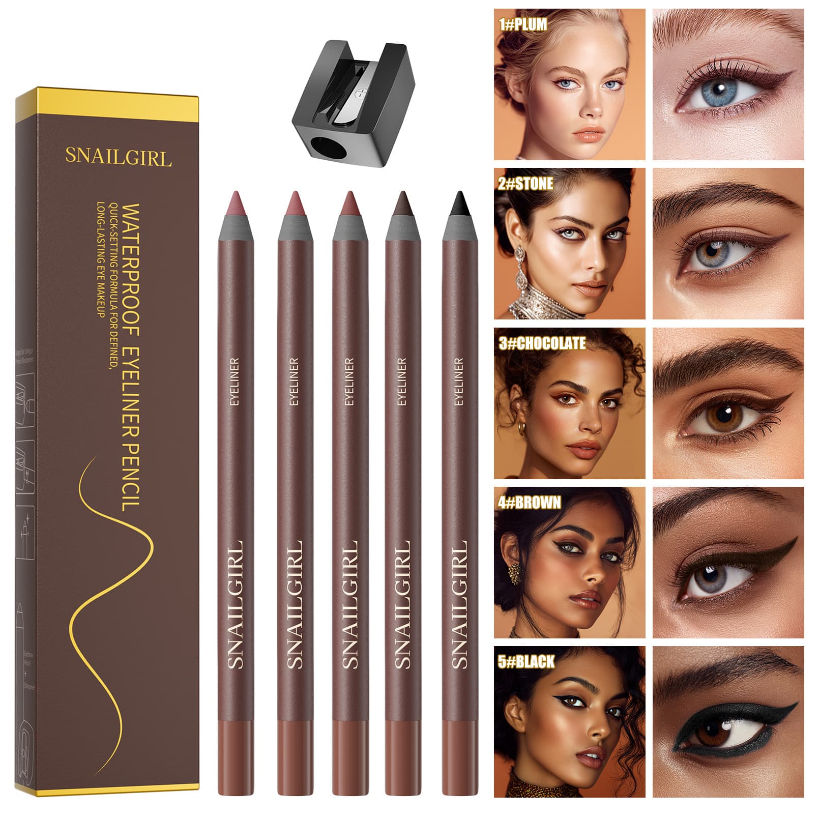 SNAILGIRL Amazon Waterproof and Sweatproof Eyeliner Gel Pen with Pencil Sharpener Natural Silky Smooth Eyeliner Gel Pen