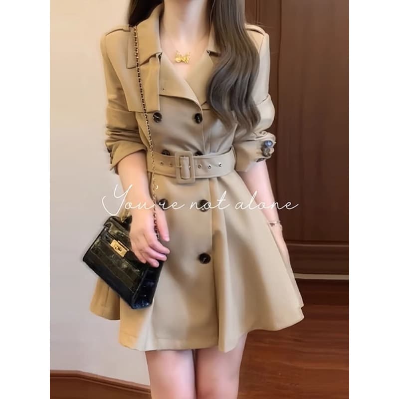 Khaki Trench Coat for Women Spring Autumn Petite Waist-Cinching Lapel Blazer Korean Style Casual Elegant Overcoat