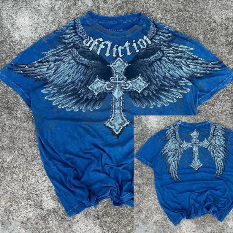 European and American Style T-shirt Cross Wings Front and Back Print Round Neck Short Sleeve Comfortable Cotton Casual Top