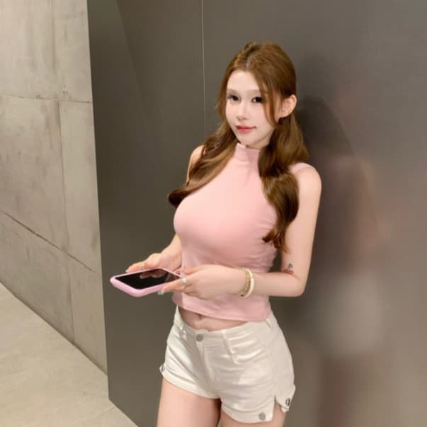 8740# New Summer Hot Girl Style High-Neck Sleeveless Solid Color Patchwork Vest Fitted Women's Top with Fixed Bra Pads
