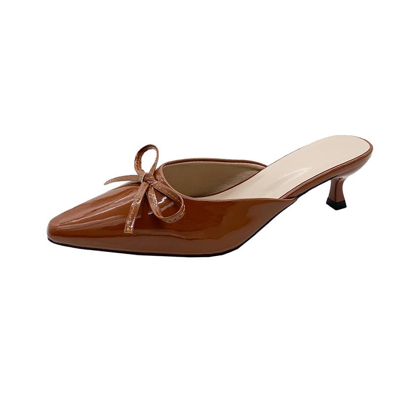 New Summer Bow Medium Stiletto Mule Shoes Closed-Toe Half Slippers for Women Large Size High Heel Sandals