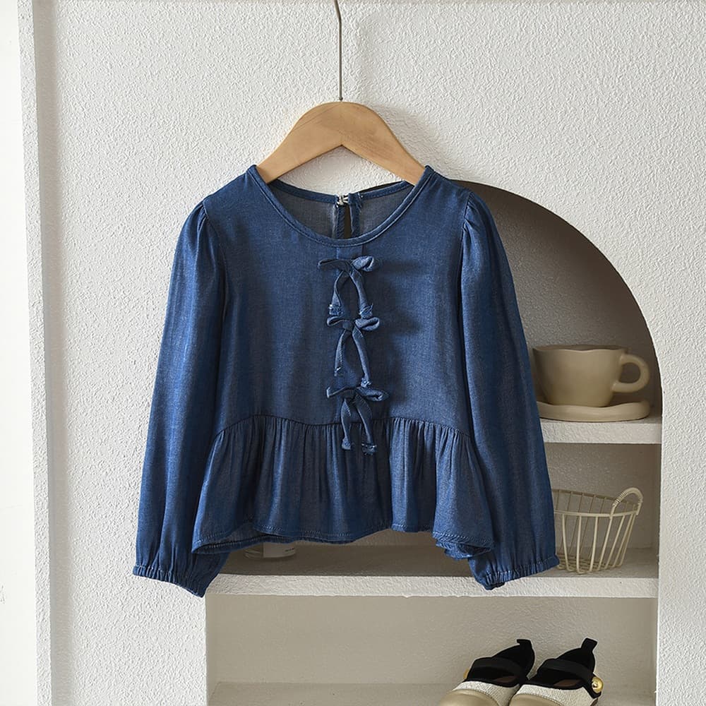 Cross-border Children's Clothing Baby Autumn Korean Bow Denim-Like Long Sleeve Shirt for Kids Export