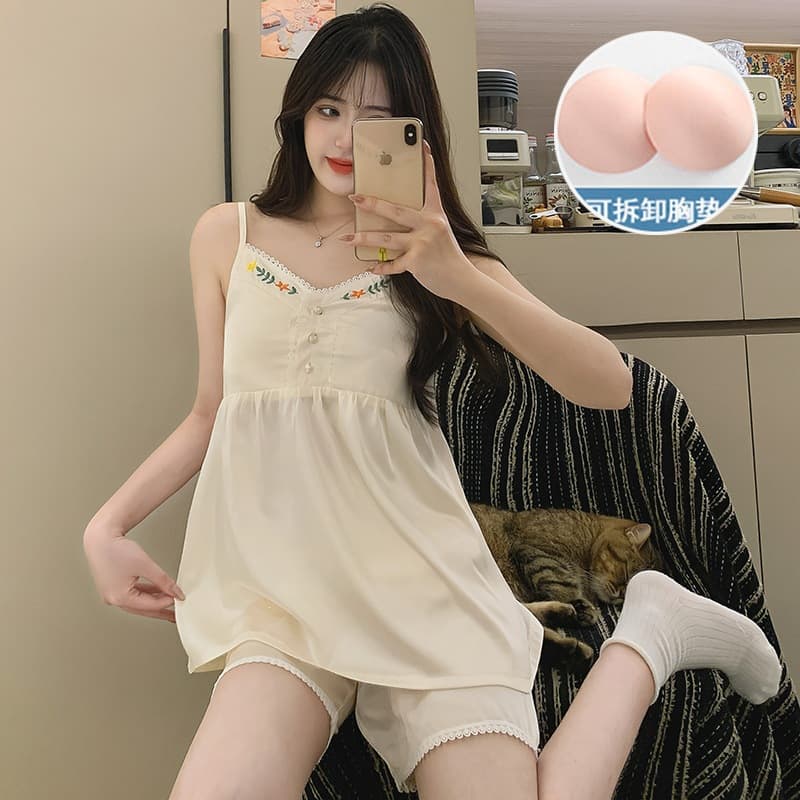 Ice and Snow Ribbon Breast Pads Sexy Lace Suspender Shorts Pajamas Women's Summer Sweet Style Home Clothes Set