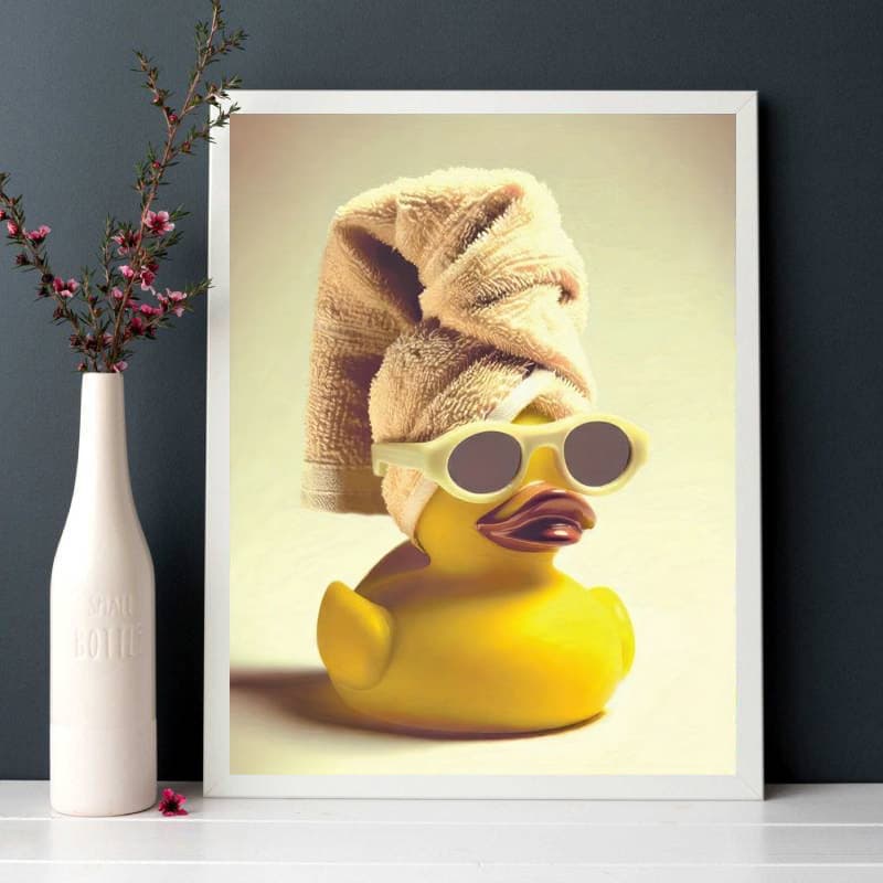 Quirky Rubber Duck with Towel Wrap Wearing Fashionable Glasses and Beanie, Whimsical Yellow Duck