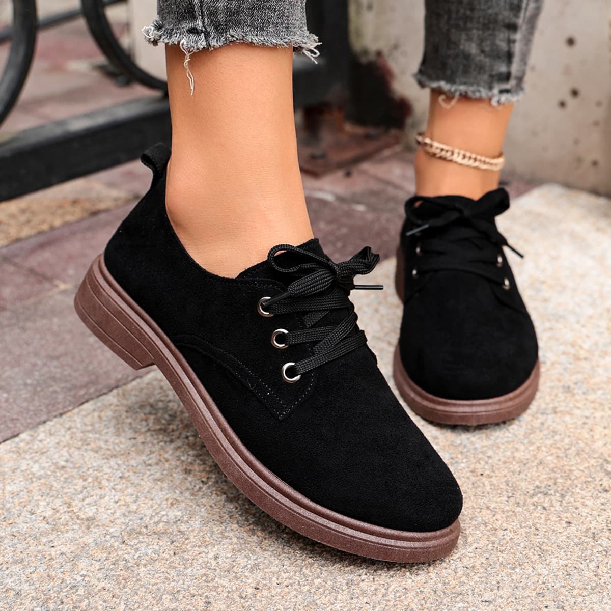 Women's Casual Lace-Up Flat Shoes Comfortable Shoes Versatile Solid Color Fashion Loafers