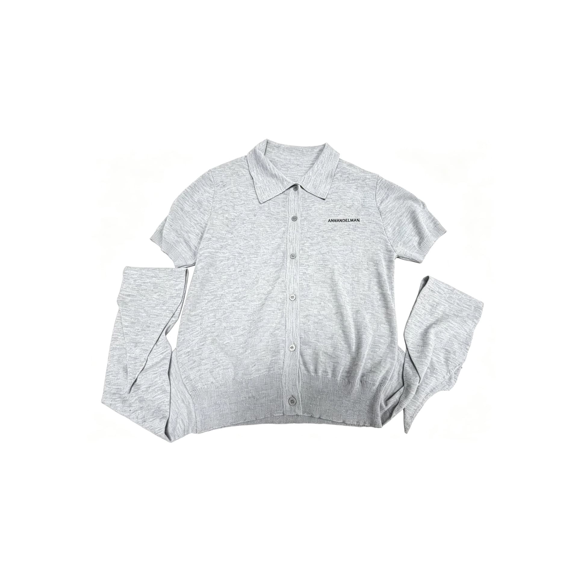 Gray Short-Sleeve Knit Top, New Spring/Fall Style, Handcrafted, Regular Shoulder, Turn-Down Collar, Slim Fit, Flattering, Fashionable and Versatile