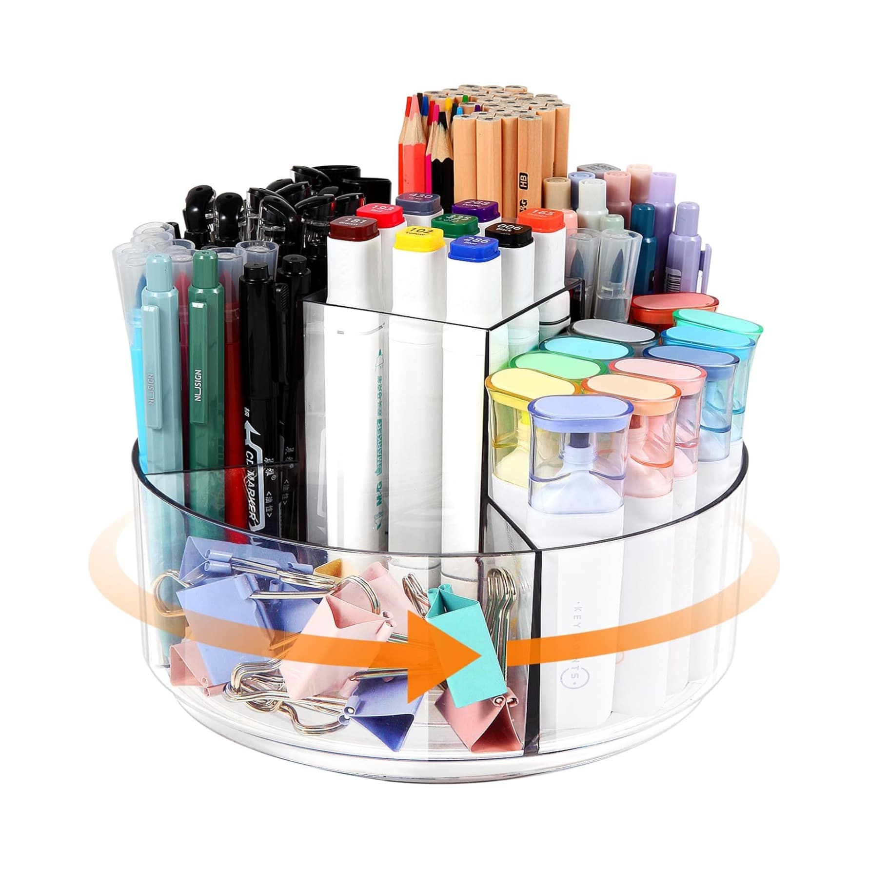 Cross-Border Marker Pen Storage Box, Rotating Pen Holder, Acrylic Five-Compartment Stationery Organizer for Colored Pens and Pencils, Desktop Organizer