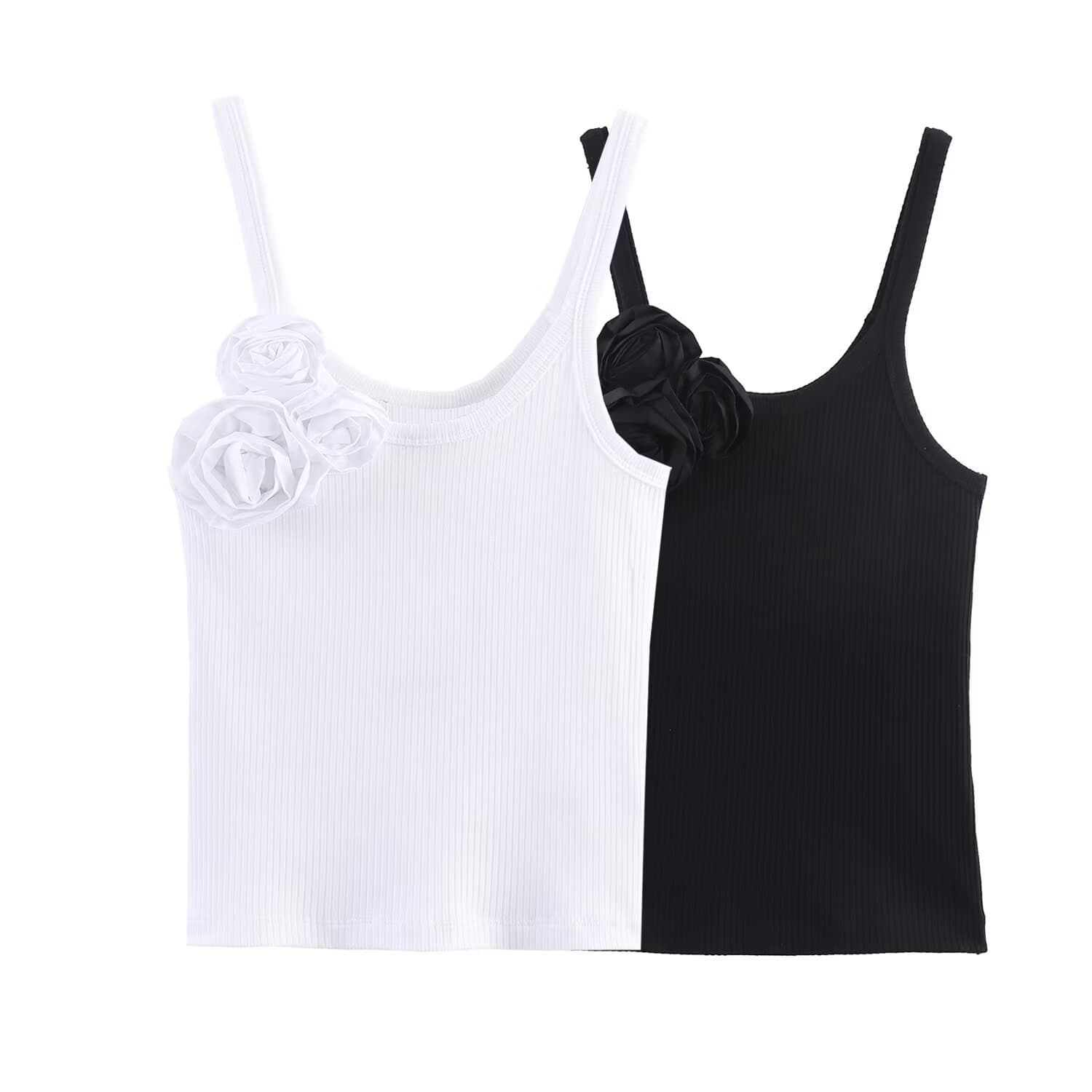 European and American Style Amazon AliExpress Hot Selling Fashion Trendy Versatile 2-Color Sexy Floral Ribbed Top