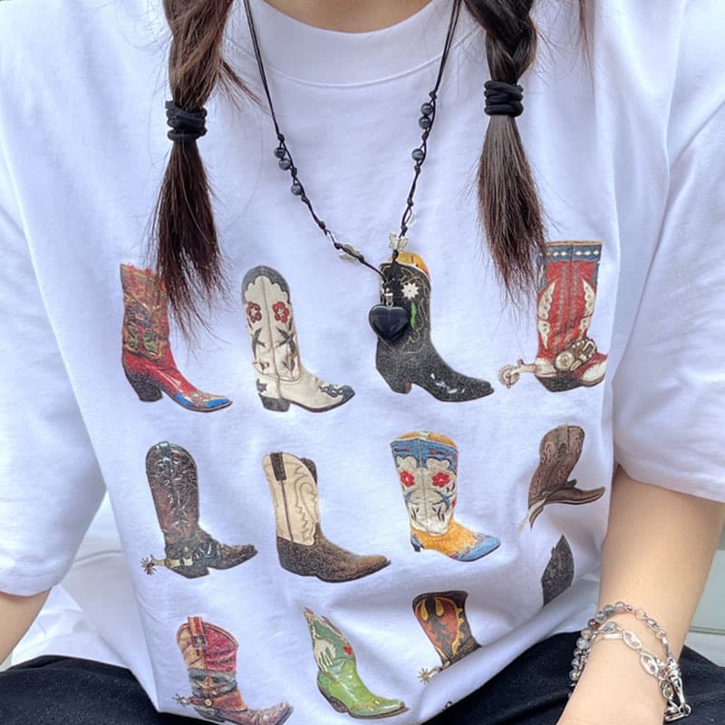 Boots Western T-Shirt Women Summer Loose Retro Bohemian Texas T-Shirt Denim Cowgirl Cute Picture