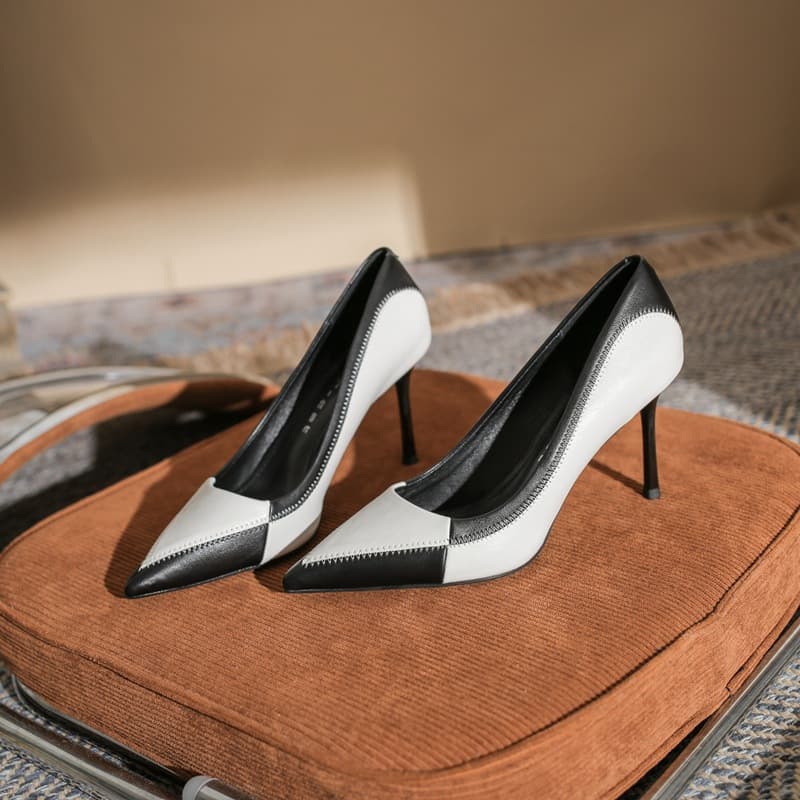 85507 Pointed Toe Color-Block High Heels Women's Stiletto 2026 Spring/Summer New Fashion Versatile Shallow French Flats