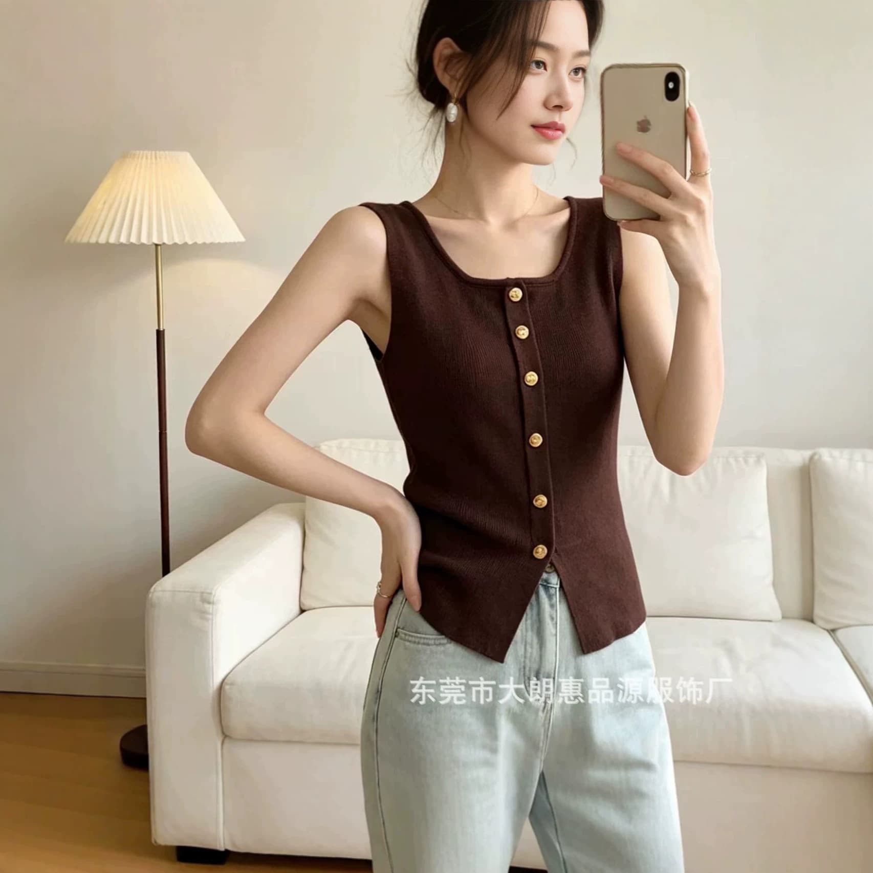 New summer European and American clothing metal buckle slit knitted vest slim top cardigan