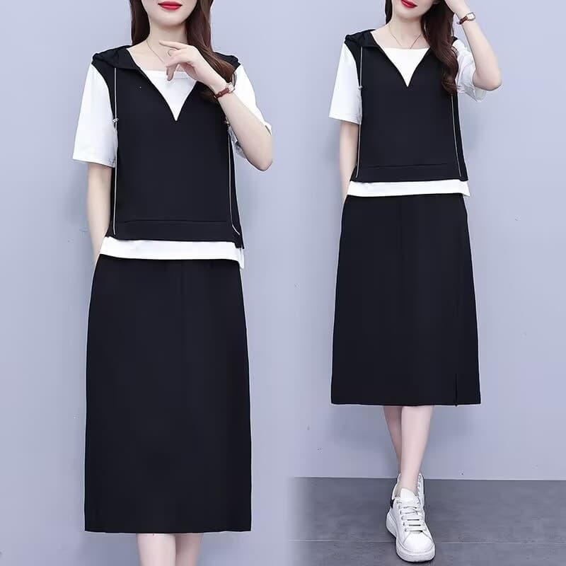 Fashion fake two-piece hooded pullover top and skirt suit new plus size women's slimming two-piece set