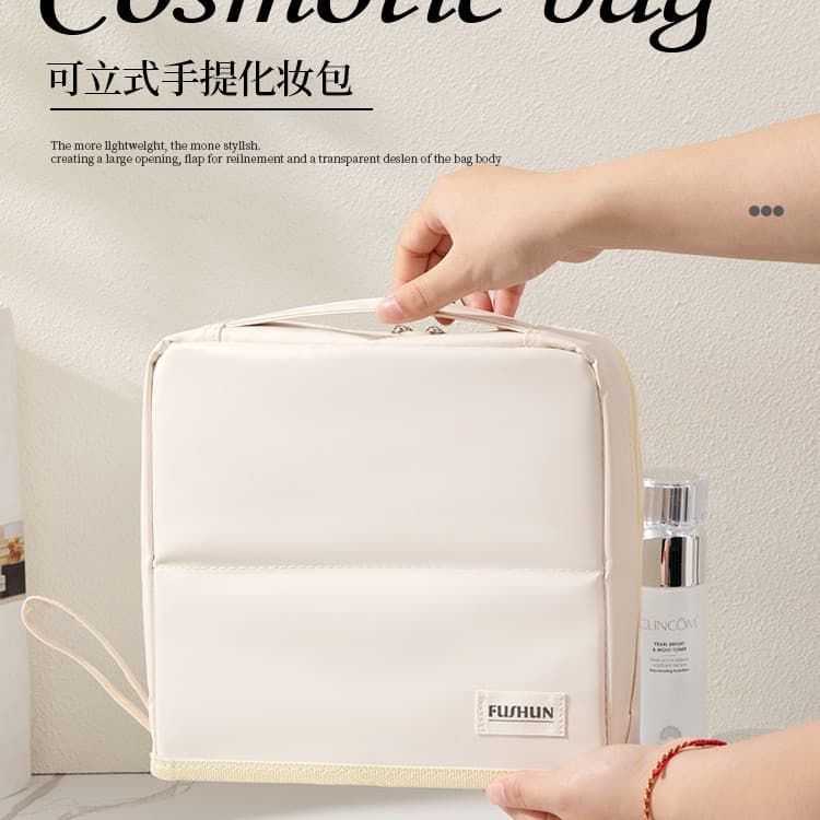 Stand-Up Makeup Bag, Large Capacity, High-Fashion PU Handle Makeup Brush and Eyeshadow Case, Travel Partitioned Pencil Pouch Organizer