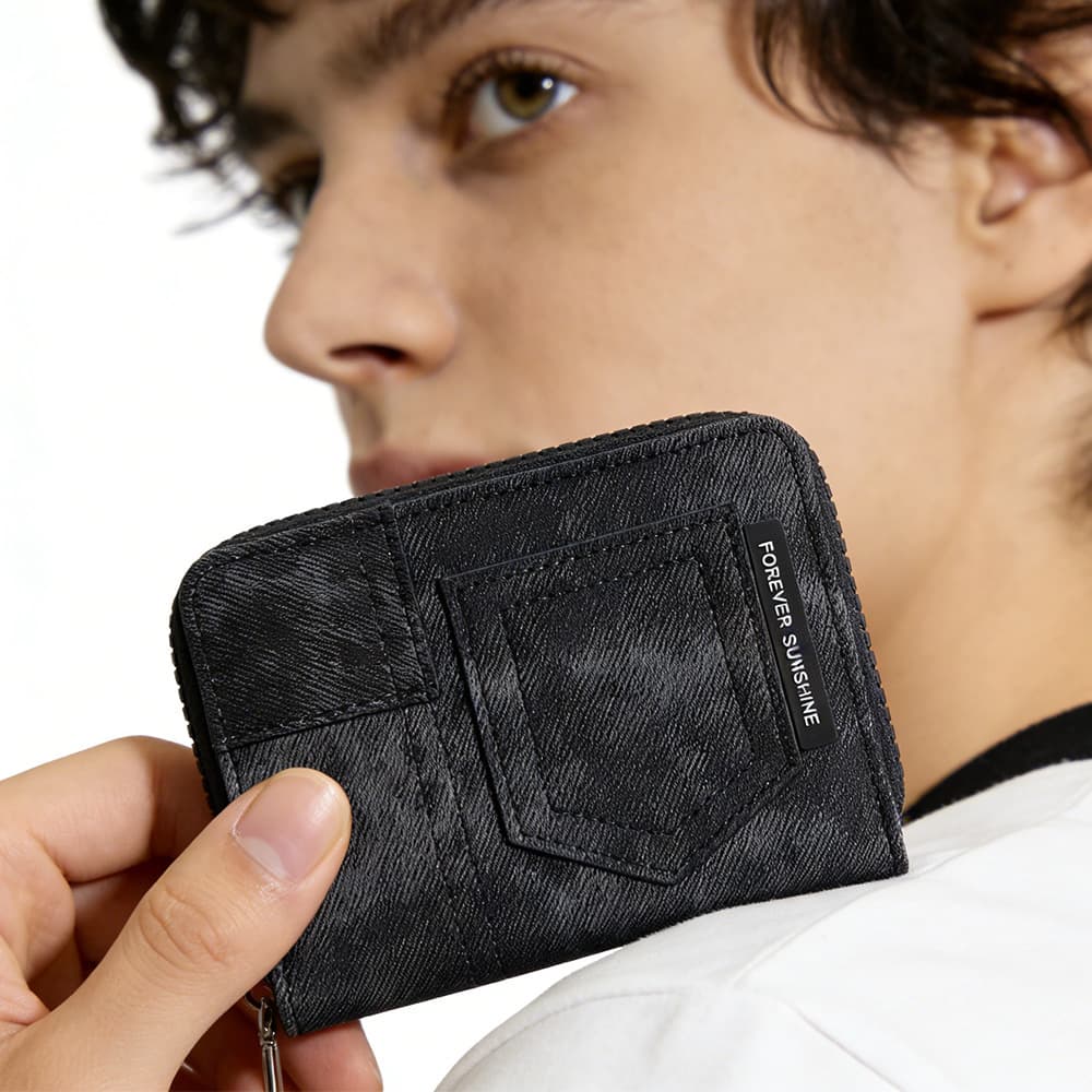 Cross-border European and American retro denim folding short wallet 2026 simple business compact zipper coin card bag trendy