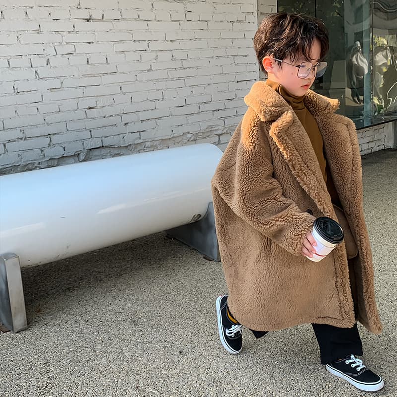 New children's fur coat, teddy bear style, winter wear, lamb wool coat, thickened, oversized long coat for baby boys.