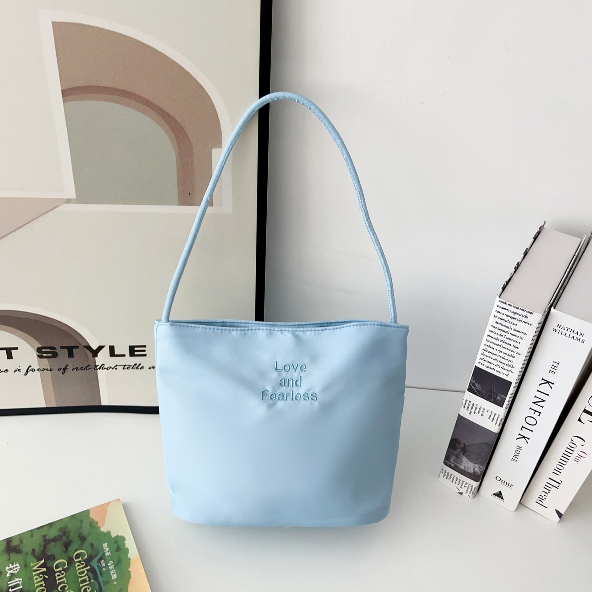 Embroidered Letter Nylon Bucket Bag Urban Minimalist Style Small Square Bag Zipper Opening Soft Polyester Lining Mobile Phone Pocket