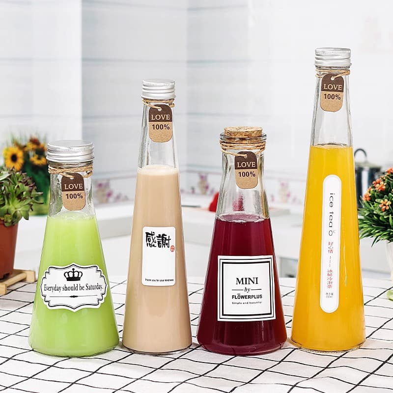 Special conical beverage bottle for milk tea shop, aluminum lid, glass juice bottle, water drop shape, sesame oil bottle, glass milk tea wine bottle