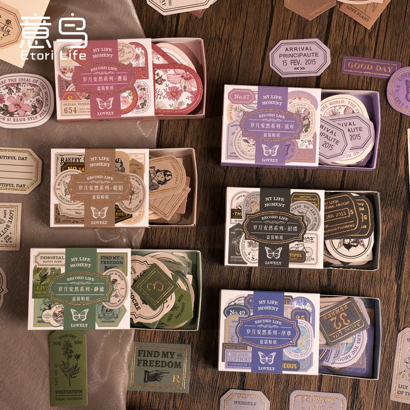 etori Drawer Box Stickers, Years of Serenity Series, Vintage Journal DIY Collage Decoration, 40 Pieces