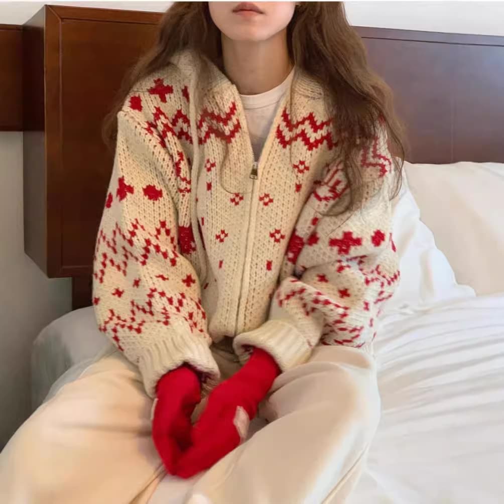 New Autumn/Winter Christmas Sweater ~ Vintage Zip-Up Hooded Knit Cardigan Coat for Women