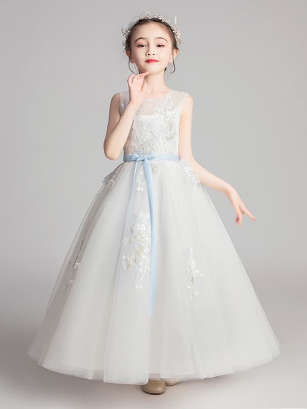 Girls' Formal Dress Princess Gown for Young Children, Lace-Trimmed Performance Outfit, White Long-Style Children's Host Birthday Clothing