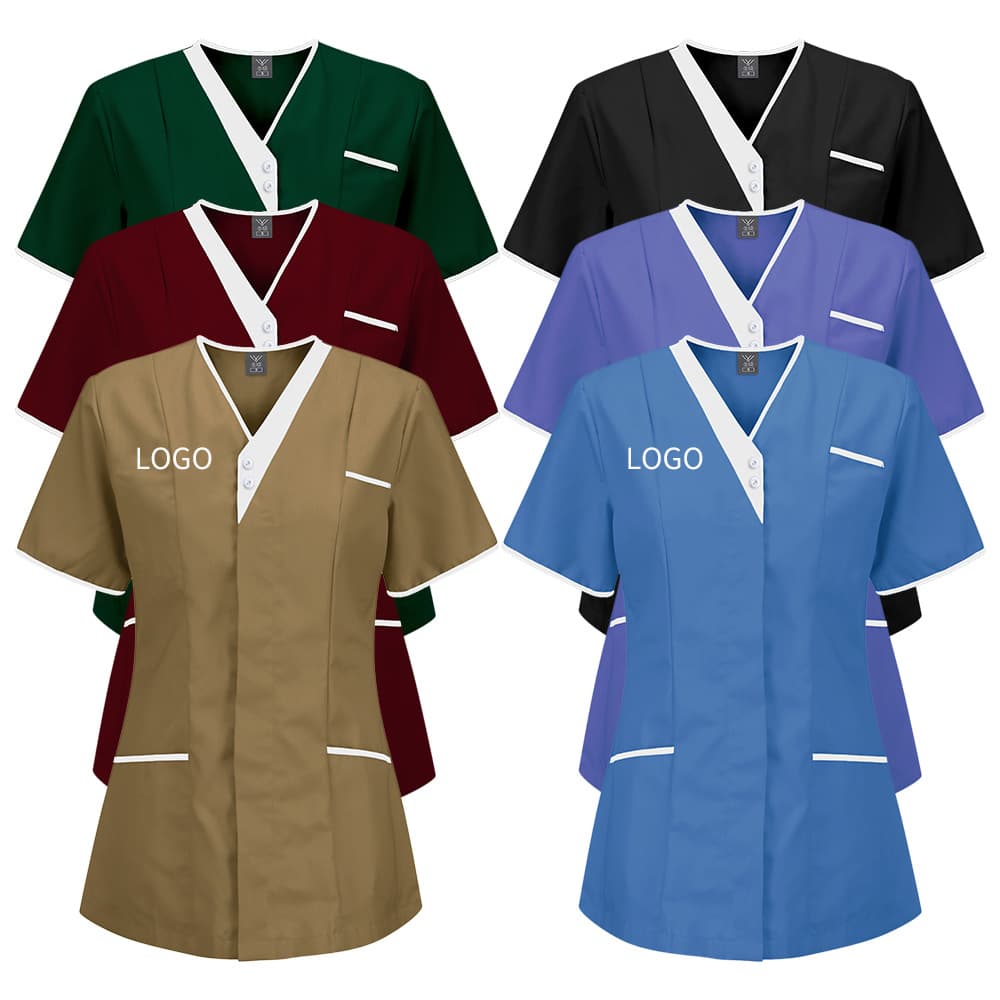 Polyester-cotton doctor nurse front desk uniform set, hand-washing coat with off-center placket and contrasting color, short-sleeve professional attire for sanitation workers and nurses