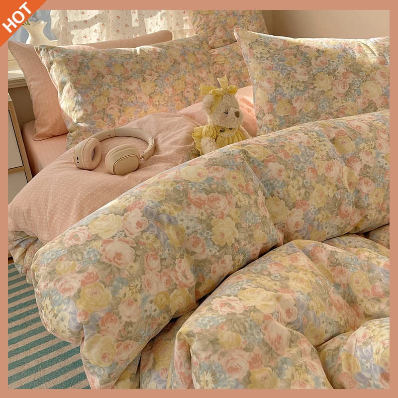 Pure Cotton 4-Piece Set Small Floral Print 3-Piece Set Duvet Cover Sheet Rustic Style Student Dormitory Bedding Wholesale