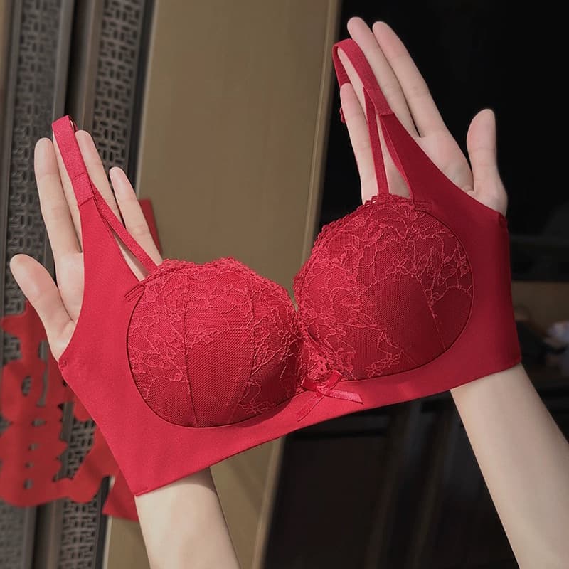 Red Lingerie for Small Bust Push-up Sexy Lace Dragon Year Panties Wedding Bride Bra Ben Ming Nian