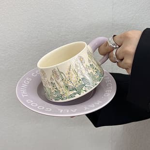 Oil Painting Bellflower Retro Ceramic Latte Cup, High-Aesthetic Coffee Cup Set, Gift for Office, Practical Water Cup