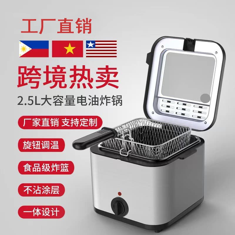 Cross-border household large capacity electric fryer for frying chicken cutlets, French fries, and snacks, with filter, 2.5L electric oil fryer.