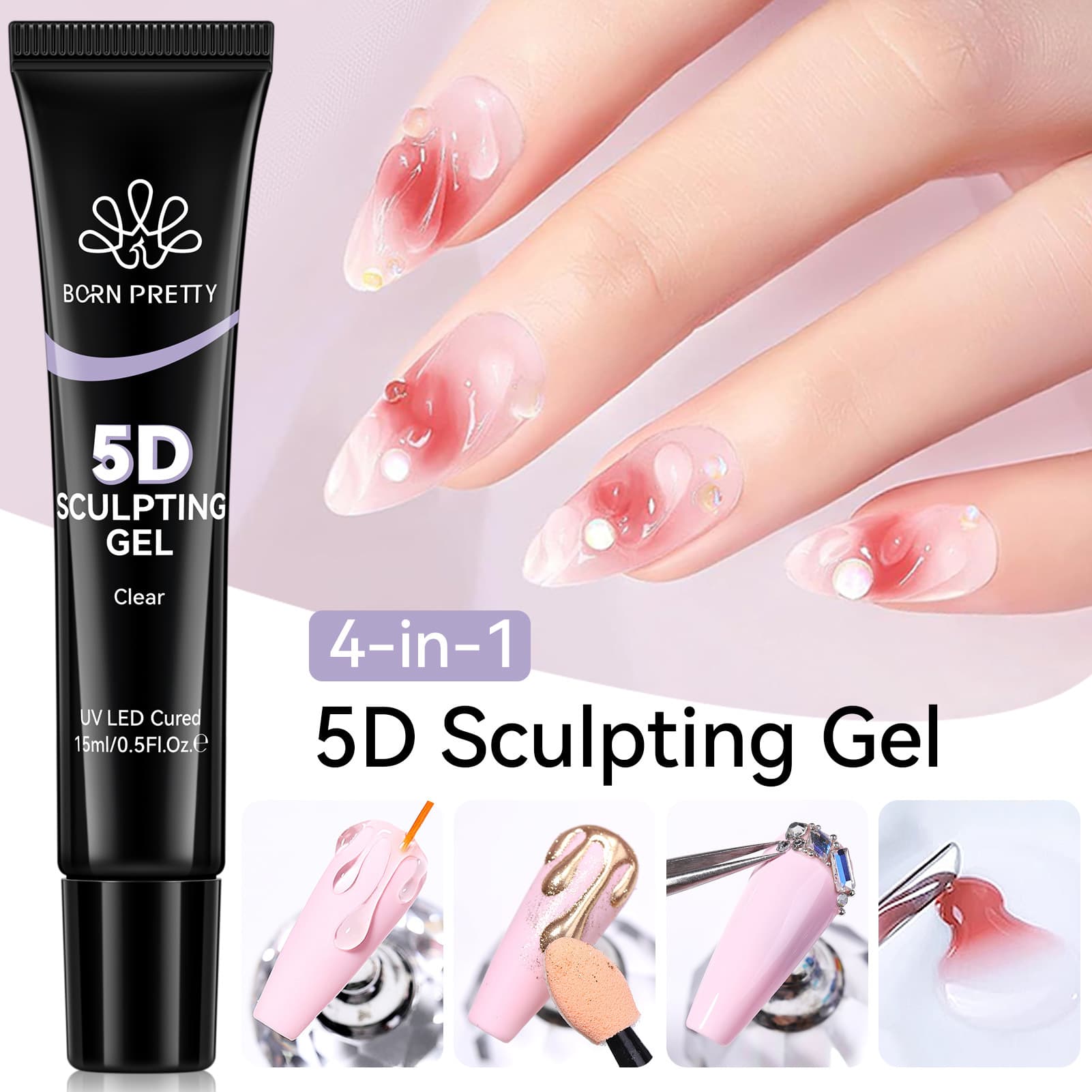 BORN PRETTY foreign trade hot-selling nail art no-wash styling glue 4-in-1 multi-functional tubular 5D candy nail polish glue