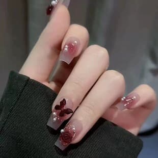 Xiaohongshu Viral Nails Medium-Length Ballet Red Camellia 3D Butterfly French Gradient Temperament Machine Nails