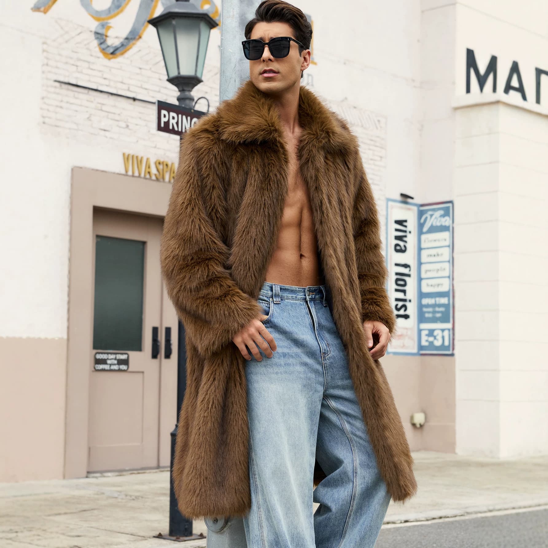 Cross-border Faux Fur Coat for Men New Autumn/Winter Style Men's Square Collar Faux Fur Long Coat Overcoat Men's European and American Export