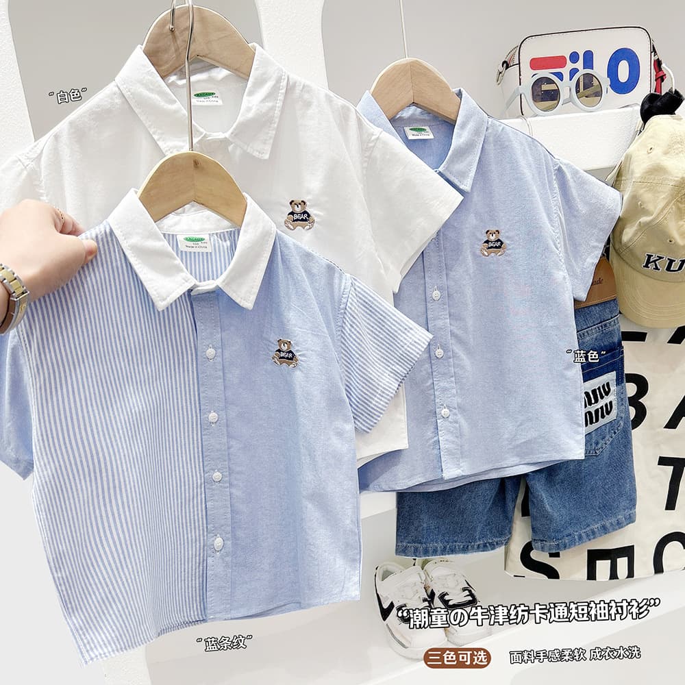 Children's thin short-sleeved shirt, new summer 2025 style, loose fit, breathable, embroidered bear collar top for medium and large boys.