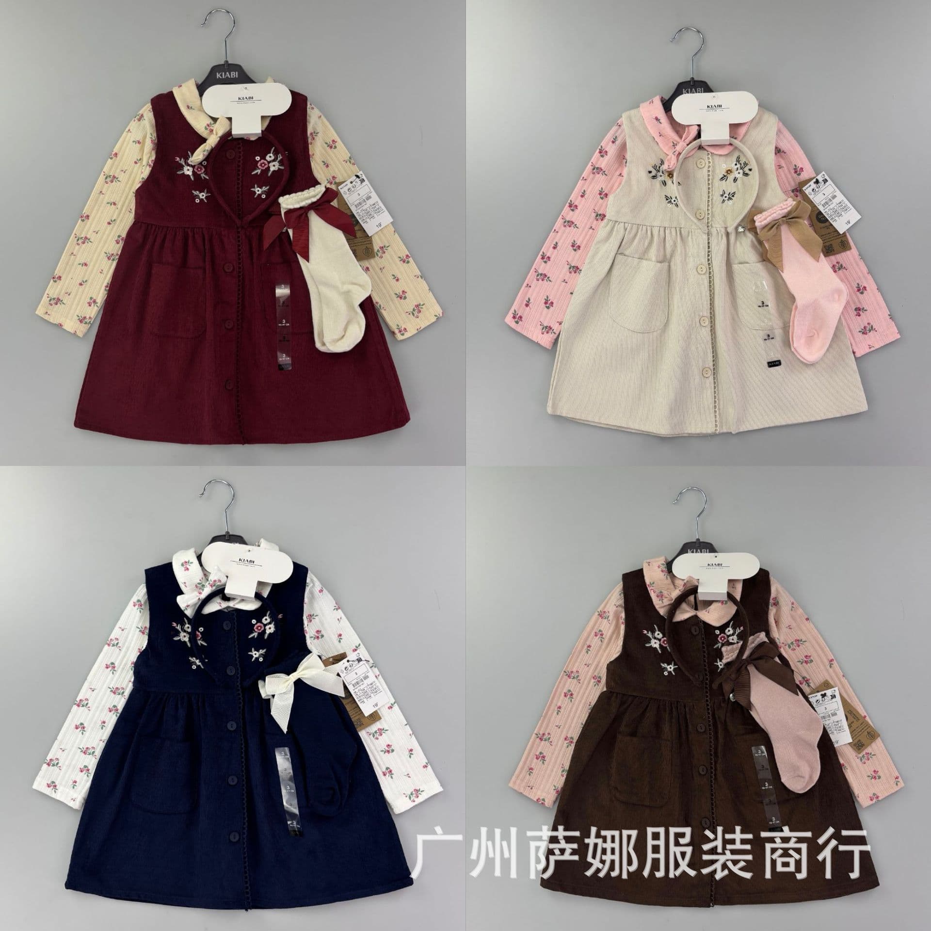Spring/Autumn Hot 2026 Amazon Ins New Small Floral Girls Overall Dress with Socks and Headband 3-Piece Set
