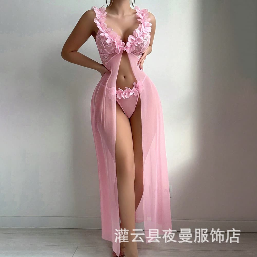 European and American Plus Size Lingerie Mesh See-Through Spaghetti Strap Deep V Nightgown with Thong Set for Women