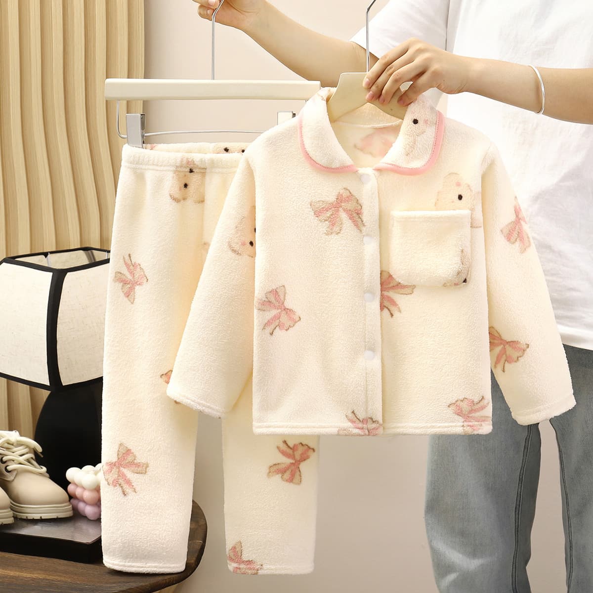 Children's Pajama Set Fleece-Lined Thickened Boys Flannel Girls Warm Homewear Cardigan Set Baby Kids Clothing