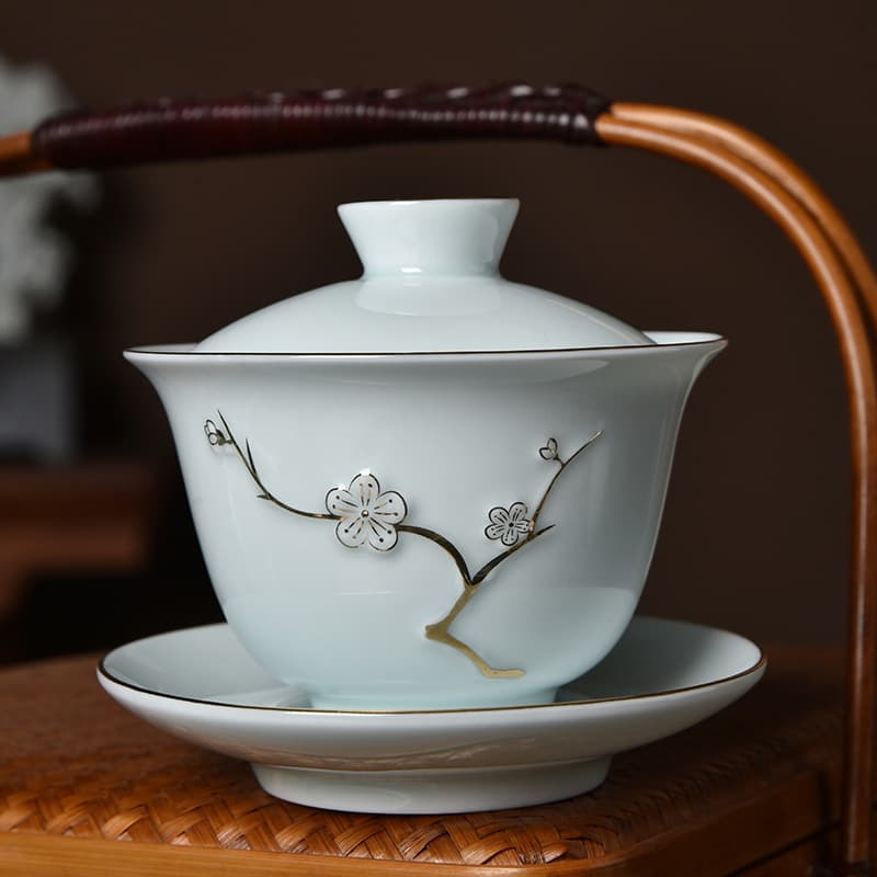White Porcelain Gold-Decorated Tea Bowl with Lid Ceramic Gongfu Tea Set Single Tea Brewing Tool Tianqing Style Home Use