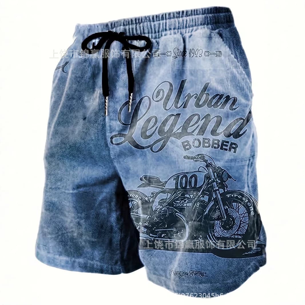 Cross-border new American motorcycle style men's shorts, distressed motorcycle lettering printed drawstring pocket casual shorts